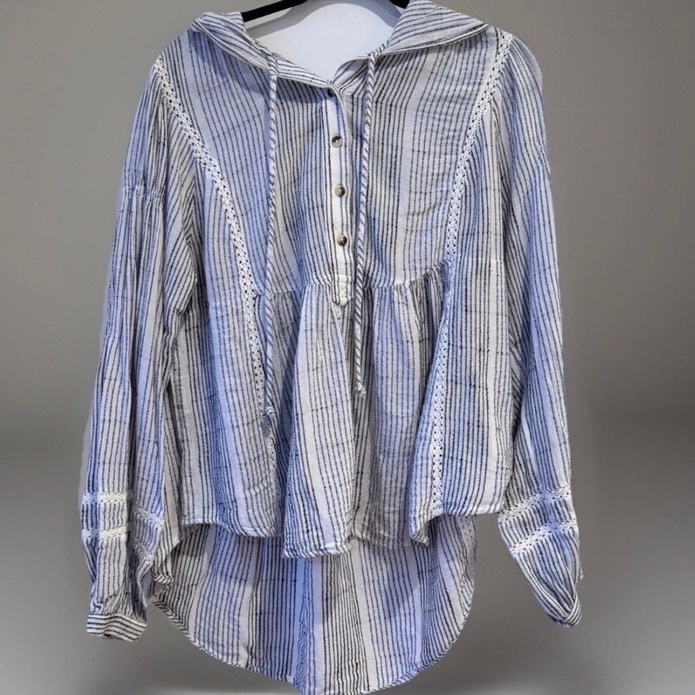 Free People Blue and White Striped Peasant Top